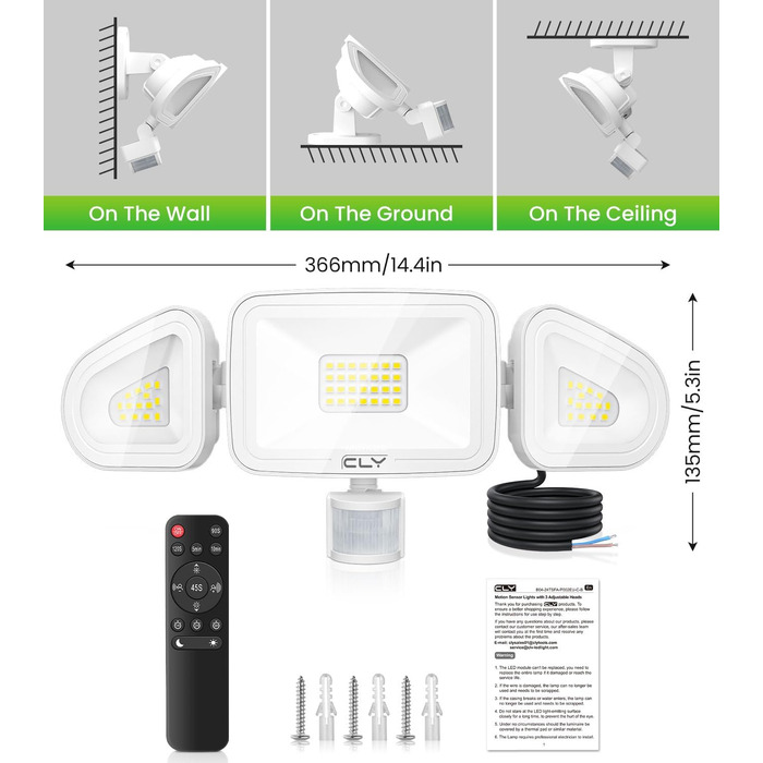 CLY LED прожектор 42 Вт з датчиком руху та пультом, 3600 Лм, 6500K, триголовий, вуличний, IP66, для гаража і тераси