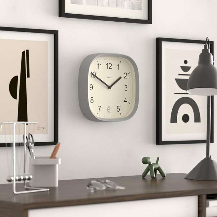 Квадратний ретро настінний годинник JONES CLOCKS Sprite з акрилу, м'ятний 25x25x5 см, сірий