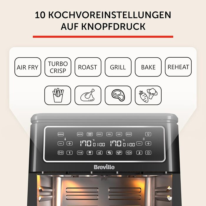 Фритюрниця з гарячим повітрям Breville Halo Flexi 11 л, цифрова, подвійна камера, 2400 Вт, для смаження, запікання, грилю, розігріву, на 10+ осіб