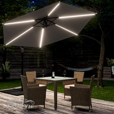 Сонячна парасолька Kingsleeve з LED підсвічуванням, UV 80+, сонячна батарея, чохол, 350 см, з кривошипом для балкона та тераси