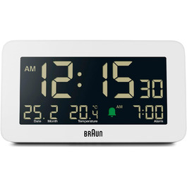 Цифровий годинник Braun BC10W з датою, місяцем і температурою, негативний LCD-дисплей, швидке налаштування та наростаючий сигнал, білий