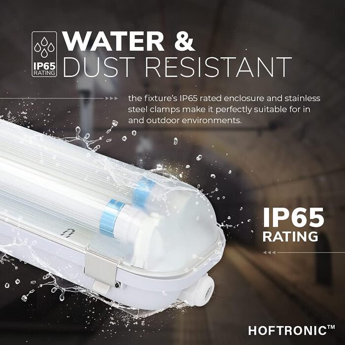 Світлодіодний світильник HOFTRONIC 150 см, 60 Вт, 10500 лм, холодне біле світло, IP65, водонепроникний, без мерехтіння, підключення T8, для гаража, підвалу, офісу, майстерні