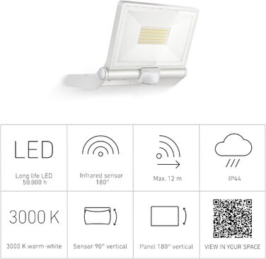 Світлодіодний прожектор Steinel XLED ONE XL 42,6 Вт з датчиком руху, 4200 лм, алюмінієвий, для вулиці, під'їзду, будинку та саду, білий