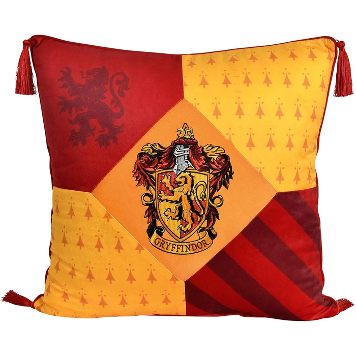 Подушка Elbenwald Harry Potter з китицями у стилі Ґрифіндор, з вишитою емблемою, червоно-жовта, 48x48 см