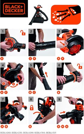 Електричний садовий пилосос-видувка Black+Decker BEBLV301, 3-в-1, 3000 Вт, з подрібнювачем і рюкзаком-мішком 72 л, регульована потужність, висока швидкість повітря