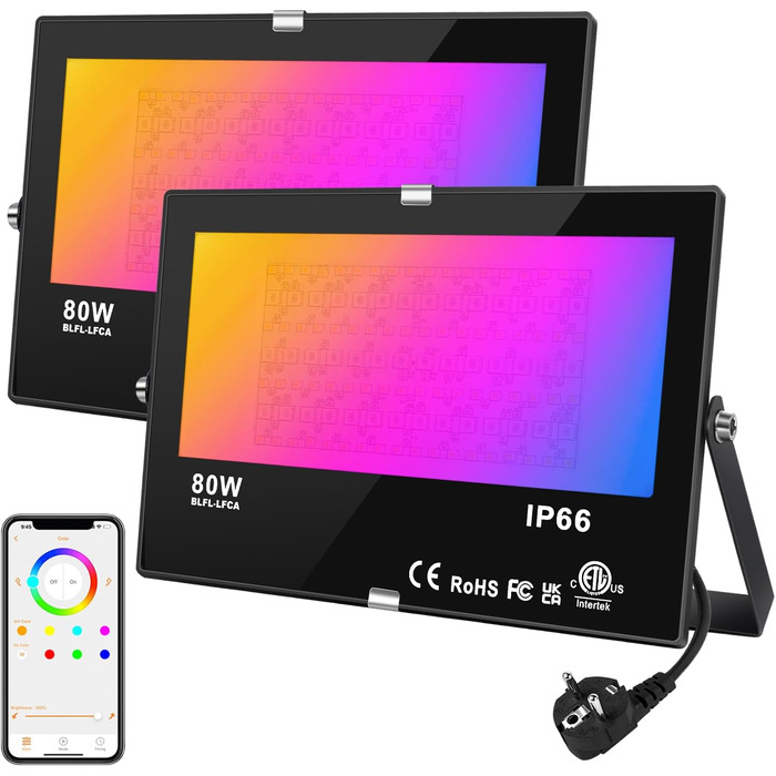 LED прожектор DUSKTEC для вулиці RGB, 80 Вт, диміруємий, з Bluetooth та APP, кольорозмінний, тепле біле світло, IP66, водонепроникний, для саду, комплект 2 шт.