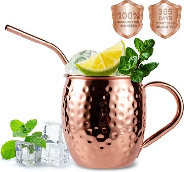Набір мідних келихів для Moscow Mule, ручна робота, харчова мідь, 473 мл, подарунковий комплект з чаркою, соломинками та підставками, 4 шт.