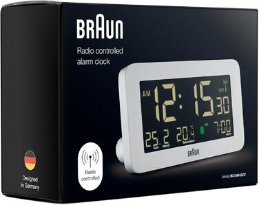 Цифровий радіокерований годинник-будильник Braun BC10W-DCF для Центральної Європи (DCF), з відображенням дати, місяця та температури, негативним LCD-дисплеєм і білим сигналом будильника