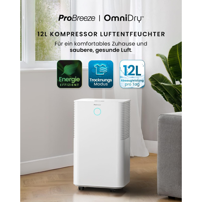 Осушувач повітря Pro Breeze OmniDry 12 л/доба, електричний, цифровий дисплей, вологомір, дренажний шланг, таймер, тихий режим, проти вологи та цвілі