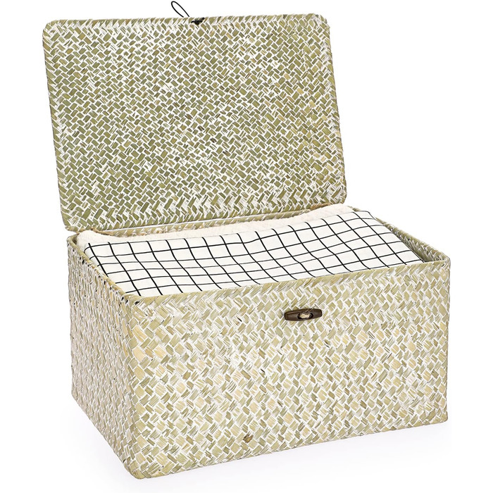 Плетений кошик для зберігання з кришкою з морської трави 36x24x18 см, прямокутний органайзер для ванної, декору та полиці, колір білений