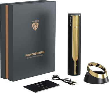 Електричний штопор Prestigio Maggiore для вина, з фольгорізом, зарядною станцією, у подарунковій коробці, чорний/золотий, преміум-якість