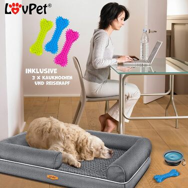 Ортопедичне лежанка для собак Relax з мискою і 3 кісточками, диван-ліжко для малих, середніх і великих собак, чохол знімний і праний, 91x71x22 см, антрацит