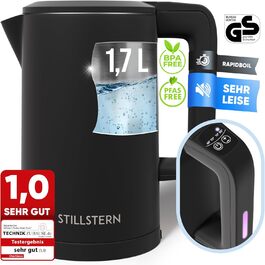 Електрочайник Stillstern 1,7 л з регулюванням температури, нержавіюча сталь, антивідбитки, підтримка тепла 12 годин, тихий, швидке нагрівання 2200 Вт