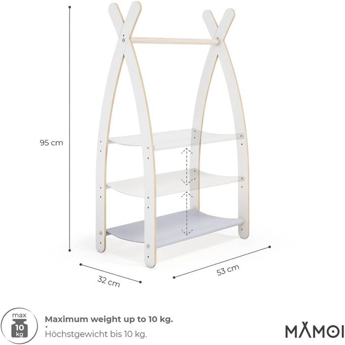 Дитяча вішалка-стійка MAMOI для одягу, екологічна, 106x95x32 см або 53x95x32 см, гардероб для дитячої кімнати, 1 модуль, біло-сіра, виготовлена в ЄС