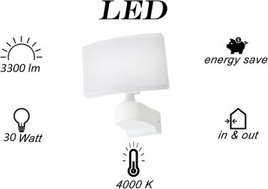 Світлодіодний прожектор HUBER 30W 3300лм IP65 для вулиці, білий, настінний/кутовий монтаж