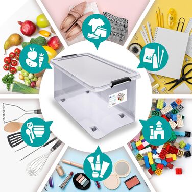 Набір контейнерів Deuba 6×60л з кришкою і колесами, прозорі пластикові, BPA-free, для офісу, гаража, пральні, штабельовані