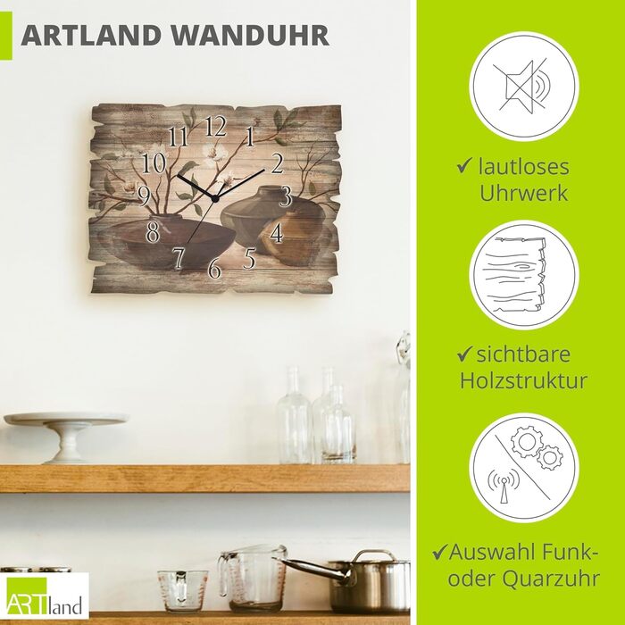 Декоративний настінний годинник ARTLAND з дерева 40x30 см, прямокутний, безшумний, мотив кава та круасан, для кухні чи кафе, дизайн «Вишневий цвіт», радіокерований