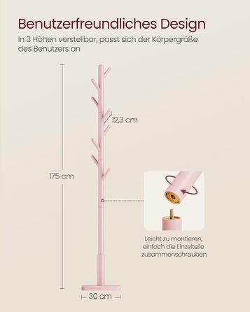 Вішалка для одягу VASAGLE з масиву каучукового дерева, 8 гачків, біла, для передпокою, дерев'яний стійкий стійка для курток і капелюхів, пастельно-рожева