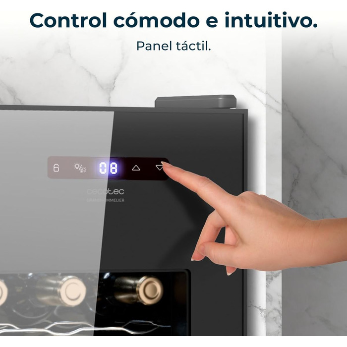 Винний шафа Cecotec Bolero GrandSommelier 830 CoolWood, термоелектрична, тиха, для 15 пляшок, регульована температура 8-18°C, сенсорне керування, енергоощадна, чорна