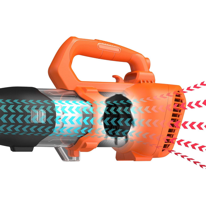 Акумуляторний садовий пилосос та повітродув BLACK+DECKER, електроаксіальний, 1850 Вт, швидкість 190 км/год, об'єм 765 м³/год, інтегрований скребок для листя