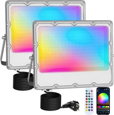 Комплект з 2 RGB LED прожекторів 30W для вулиці, 16 млн кольорів, Bluetooth APP та 2.4G пульт, IP66, диммований, для саду, Хелловіну, Різдва, вечірок (загальна потужність 150W)
