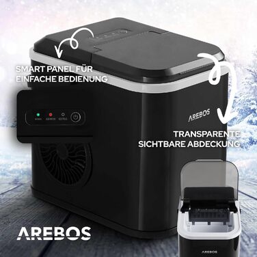 Льодогенератор Arebos 12 кг/24 год, R600a, 1,1 л, самочистка, тихий, з лопаткою та контейнером, чорний, 8 кубиків за 10 хв, льодогенератор зі скляним вікном