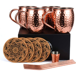 Набір мідних келихів для Moscow Mule, ручна робота, харчова мідь, 473 мл, подарунковий комплект з чаркою, соломинками та підставками, 4 шт.