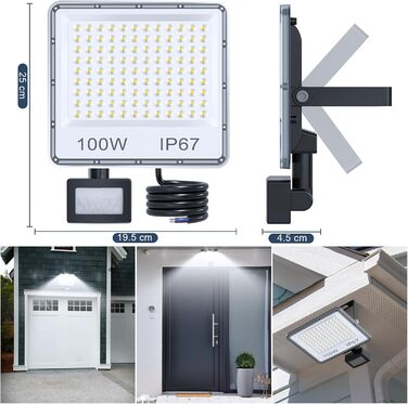 LED прожектор з датчиком руху для вулиці 100 Вт, 10000 Лм, 6500K, IP67, набір 2 шт, водонепроникний світильник для складу, саду, гаража