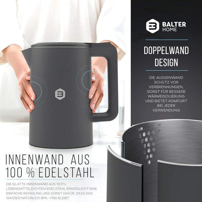 Електрочайник Balter WK-4 1,7 л, нержавіюча сталь, подвійні стінки, BPA Free, LED підсвітка, тихий, для чаю, компактний (чорний/сірий)
