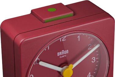 Класичний аналоговий тревел-будильник Braun BC02R, компактний, безшумний кварцовий механізм, поступовий сигнал, червоний колір