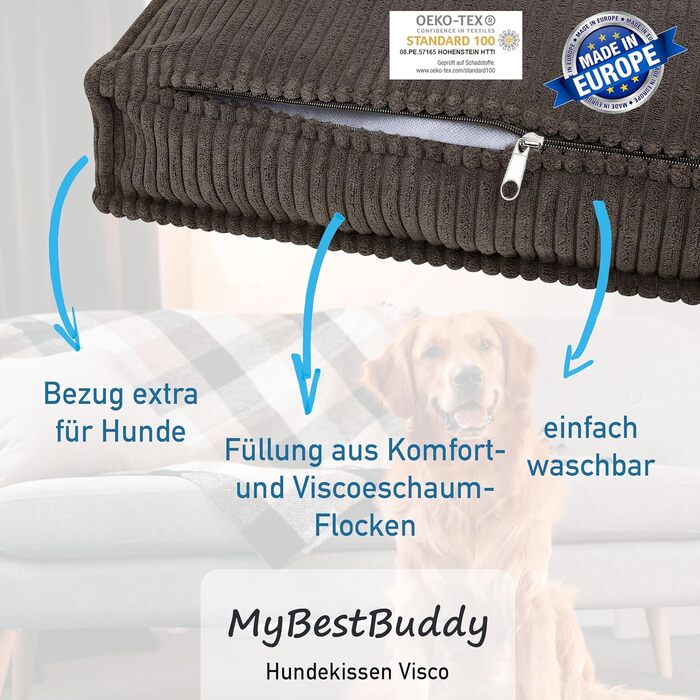 Ліжко для собаки MyBestBuddy Visco M, ортопедичне, коричневе, 70x50 см, з чохлом із POSO-Cord, наповнювач: в'язкоеластичний і комфортний пінополіуретан, для малих порід, машинне прання 40°C