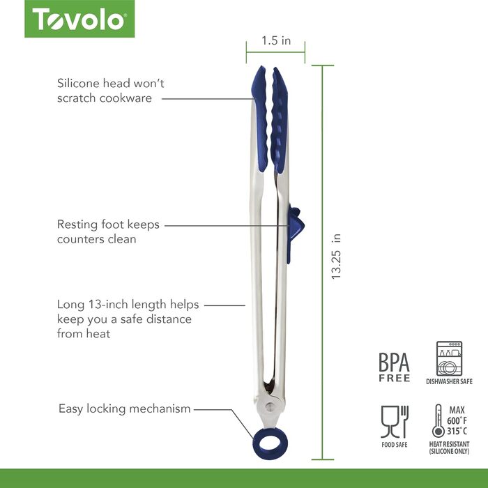Кухонні щипці Tovolo Top Grip з підставкою, силіконові, термостійкі, BPA-free, з фіксатором, індиго
