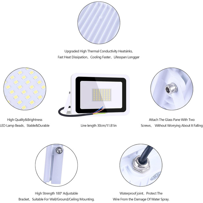 MIWATT LED прожектор для вулиці, 2 шт, 50 Вт, 4000 Лм, холодне біле світло 6000K, IP68 водонепроникний, для двору, гаража, саду