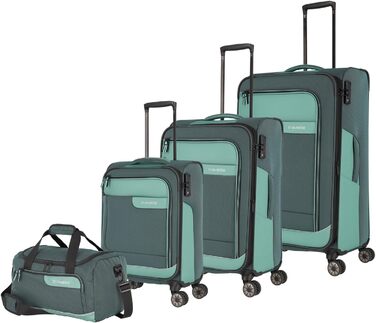 Валіза Travelite VIIA L на 4 колесах, м'яка, з переробленого матеріалу, з розширенням і захистом кутів, 77 см, 91-103 л, зелена (набір: валізи L/M/S + дорожня сумка)