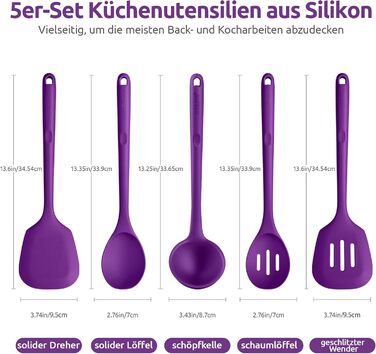 U-Taste набір кухонних силіконових лопаток і ложок, 5 шт, довгі, термостійкі до 315°C, без BPA, антипригарні, для змішування, смаження, фіолетові