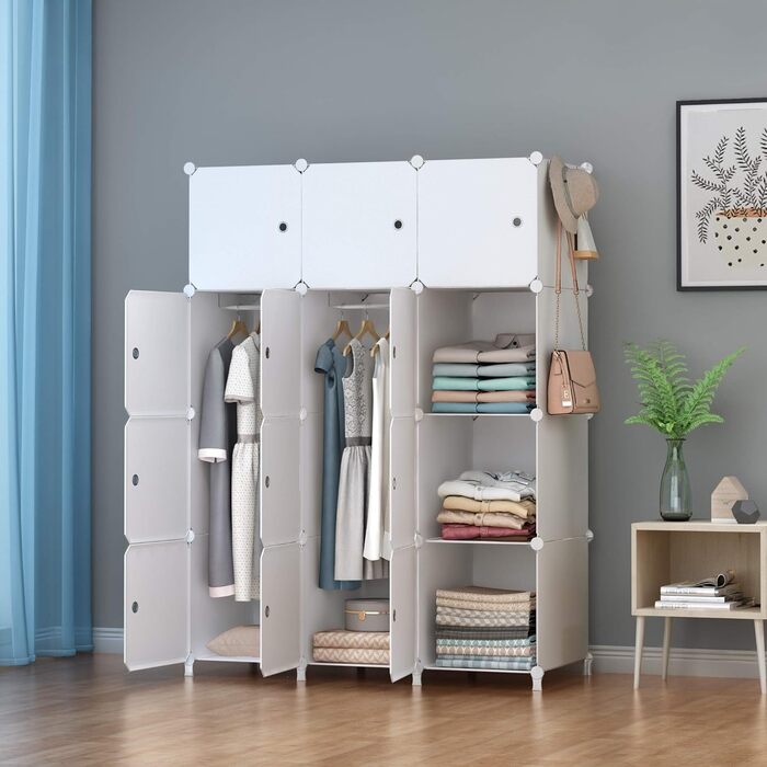 Пластиковий шафа HOMIDEC на 20 секцій з 2 перекладинами для одягу, білий модульний органайзер для спальні, 180x142x45 см