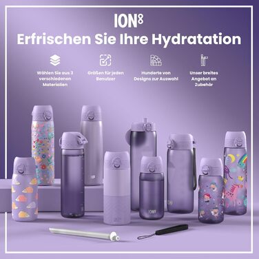Ion8 ізольована пляшка для води з нержавіючої сталі 320 мл, герметична, зручне відкриття однією рукою, безпечне блокування, для дітей, єдиноріг, фіолетова, підходить для посудомийної машини, легка очистка, довговічна