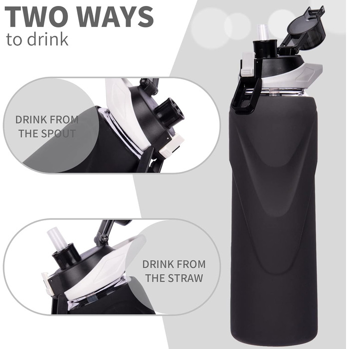 Скляна пляшка для води 1 л з трубочкою, боросилікатне скло, BPA-free, з силіконовим чохлом, чорна