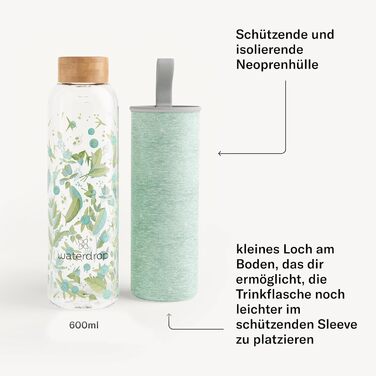 Скляна пляшка для води waterdrop® Edition 600 мл, боросилікатне скло, не пропускає газ, без BPA, з неопреновим чохлом, підходить для газованої води, легка, для посудомийної машини (Clean Melange)