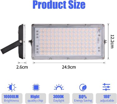 LED прожектор 300W 30000Лм, тепле біле світло 3000K, IP65, водонепроникний, вуличний світильник для саду, тераси, гаража, спортмайданчика, фабрики, майстерні (10 шт, 100W, тепле біле світло)