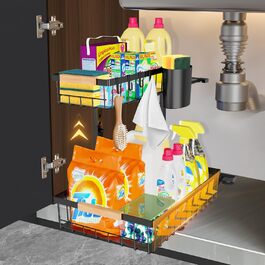 Органайзер для мийки homicozy, 2-рівневий металевий стелаж для кухонної шафи з 4 гачками і тримачем, регульована висота, для зберігання мийних засобів під раковиною, для ванної, кухні, чорний