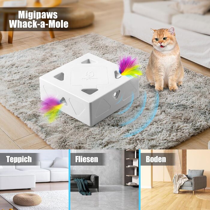 Інтерактивна електрична іграшка для котів Migipaws 7-лункова Кіт-Вдар-Мишу, розумна дражнилка з USB-зарядкою, 4 насадки-пір'їнки, кумедний картонний дизайн