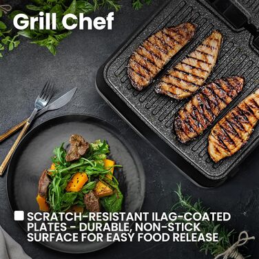 Електричний контактний гриль і сендвіч-тостер Grill Chef 2100Вт, знімні пластини, 2в1, розкладний на 180°, антипригарне покриття, піддон для жиру, звуковий сигнал, сріблястий