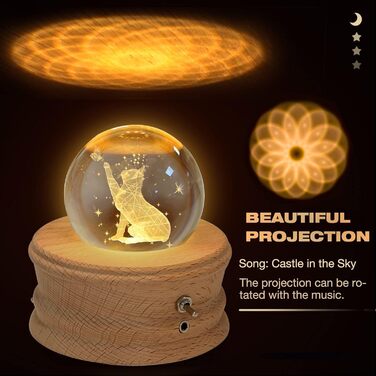 BUOTAU музична скринька 3D кришталева куля з підсвіткою, обертається на 360°, з дерев'яною основою, проекція світла, подарунок для дітей, жінок, креативний декор