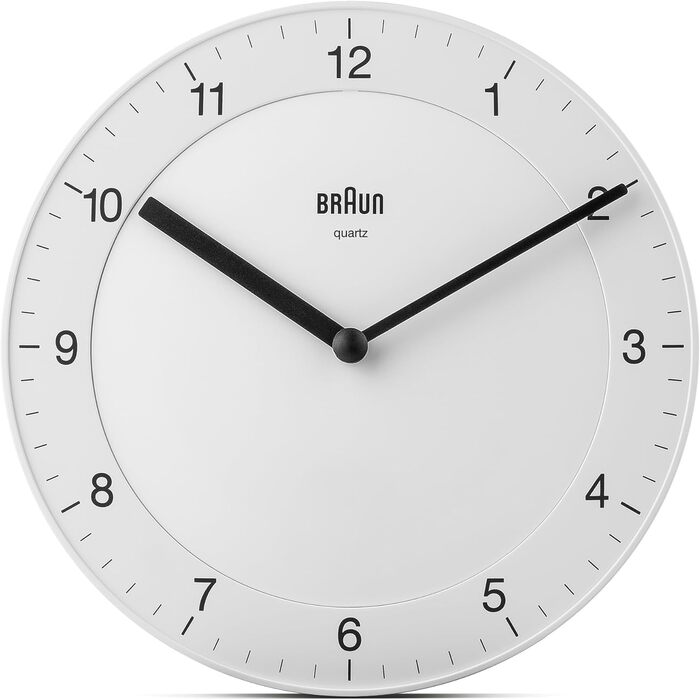 Настінний годинник Braun BC06W, класичний, аналоговий, кварцовий механізм, тихий хід, білий циферблат, 20 см